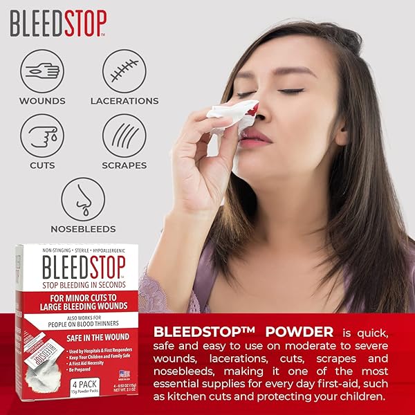 BLEEDSTOP™ FIRST AID POWDER FOR BLOOD CLOTTING, TRAUMA KIT, BLOOD THINNER PATIENTS, CAMPING SAFETY, AND SURVIVAL EQUIPMENT FOR MODERATE TO SEVERE BLEEDING WOUNDS OR NOSEBLEEDS – 4 (15G) POUCHES