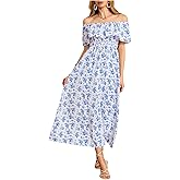 MakeMeChic Women's Floral Print Boho Summer Dress Off Shoulder Shirred Split Thigh Midi Long Dresses