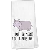 KTYHD Hippo Gifts Kitchen Towels - ”I Just Freaking Love Hippos“, Funny Animal Bathroom Hand Towels, Hippo Hippopotamus Gifts for Women