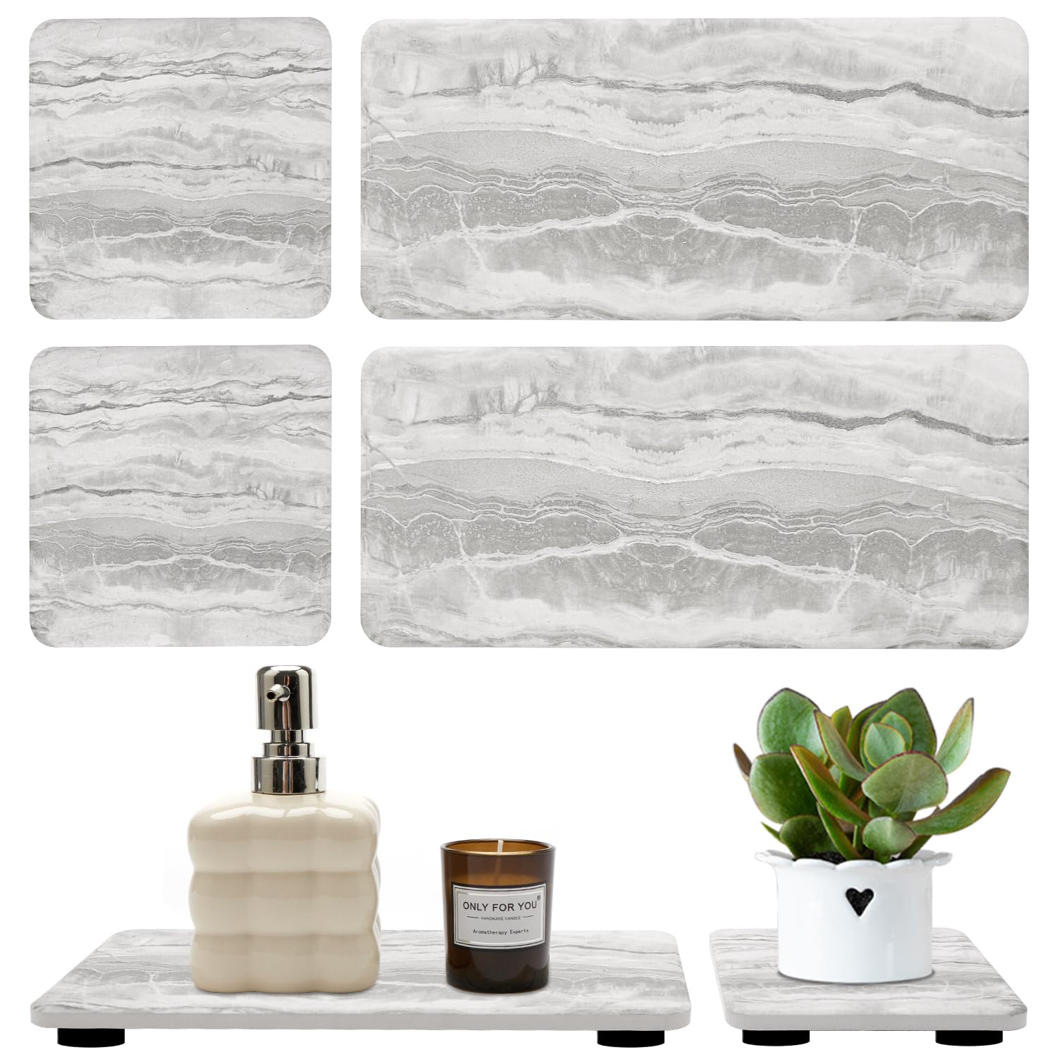 Photo 1 of 4 Pcs Water Absorbing Stone Trays for Bathroom Sink Instant Drying Mats for Kitchen Counter Dish Trays Decor Hand Soap Dispenser Caddy Sponge Holder Marble Diatomite Coaster Small Vanity Bathroom Tray