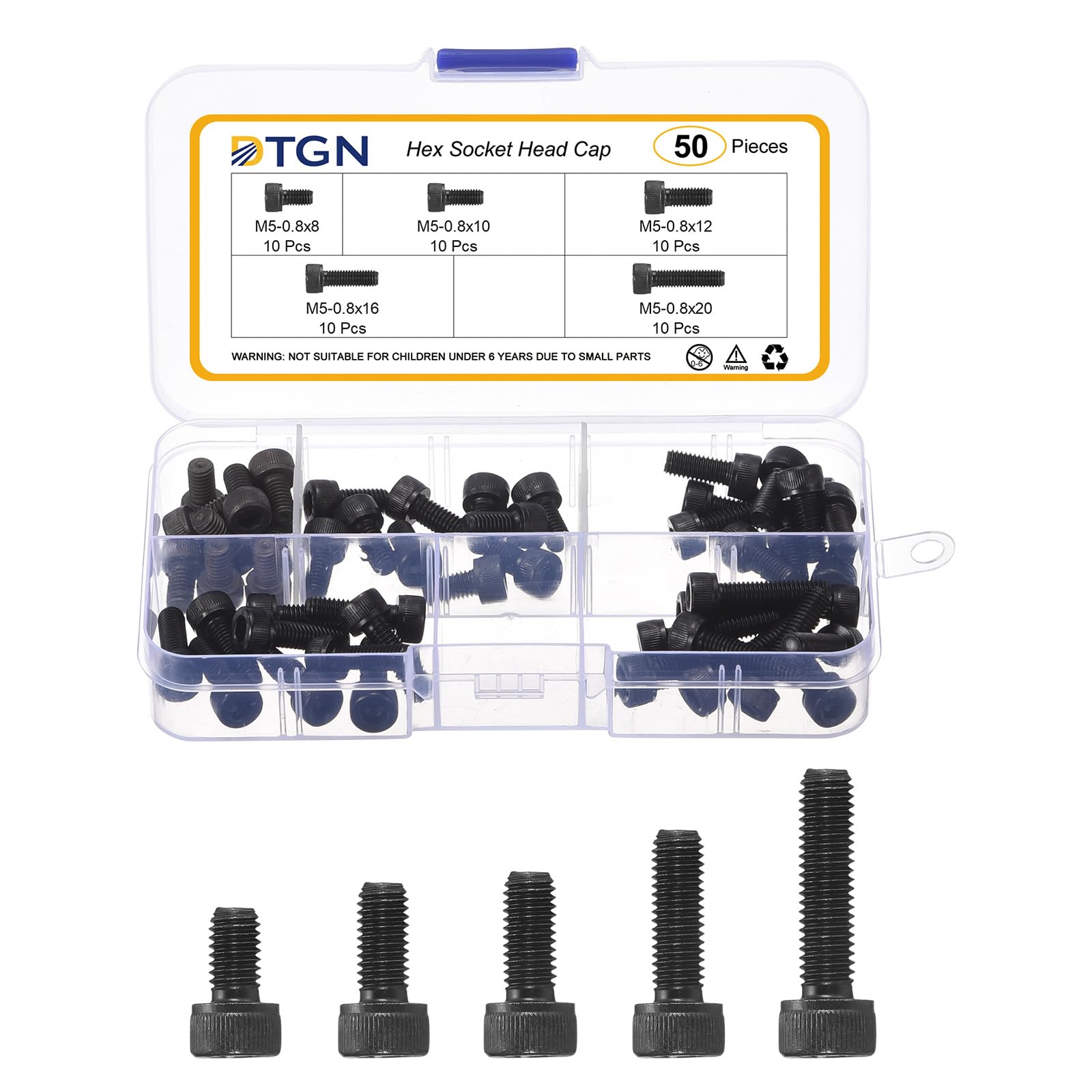 DTGN M5x0.8x8/10/12/16/20 Hex Socket Head Cap Screws Blots Assortment Kit - 50Pack - Good for Mountain Bike, Auto, Motorcycle - Carbon Steel Machine Screws Bolts - Black — image 1