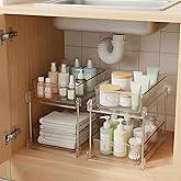 2 Pack Under Sink Organizer, 2 Tier Clear Bathroom Organizers and Storage, Pull-Out Medicine Cabinet Organizer, Multi-Purpose Cabinet Organizer with Track for Bathroom, Kitchen, Pantry, Vanity Storage