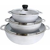 IMUSA 1.5, 2.5 &amp; 5.2 Qt Cast Aluminum Caldero 3 Piece Set with Glass Lid | Polished Finish, Glass Lid with Riveted Handles, Ideal for Rice and Stews, Perfect for Serving Medium and Small Groups