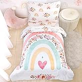 Toddler Bedding Sets for Girls, Rainbow Toddler Crib Bedding Set 4 Piece Pink Floral Toddler Comforter Set Includes Flat Top Sheet, Fitted Sheet, Comforter, Envelope Pillowcase, Soft & Comfort