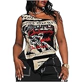RoseSeek Women's Plus Size Y2K One Shoulder Tops Streetwear Graphic Sleeveless Asymmetrical Tank Top