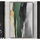 Green & Gold Geometric Canvas Wall Art - Dark Green Painting for Walls - Minimalist Abstract Art - 16x24inch, No Frame