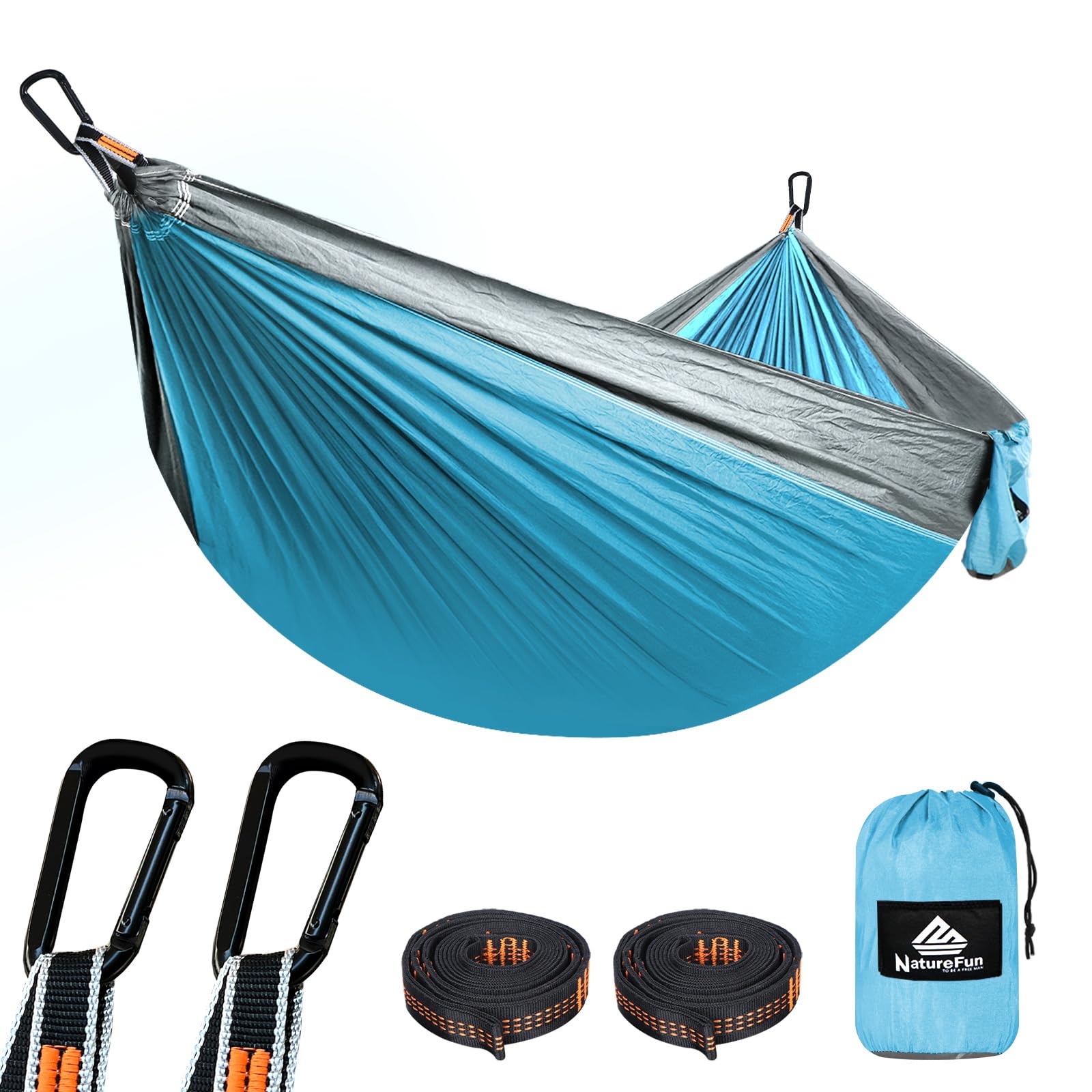 NATUREFUN Ultra-Light Travel Camping Hammock | 300kg Load Capacity,(275 x 140 cm) Breathable,Quick-drying Parachute Nylon | 2 x Premium Carabiners,2 x Nylon Slings Included | Outdoor Indoor Garden