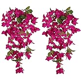 Artificial Hanging Flowers Bougainvillea, 2PCS UV Resistant Bougainvillea Silk Vine Flowers Fake Triangle Plum Blooming Faux Flower for Garden Porch Eave Wedding Wall Indoor Outdoor Decor (Rose Red)