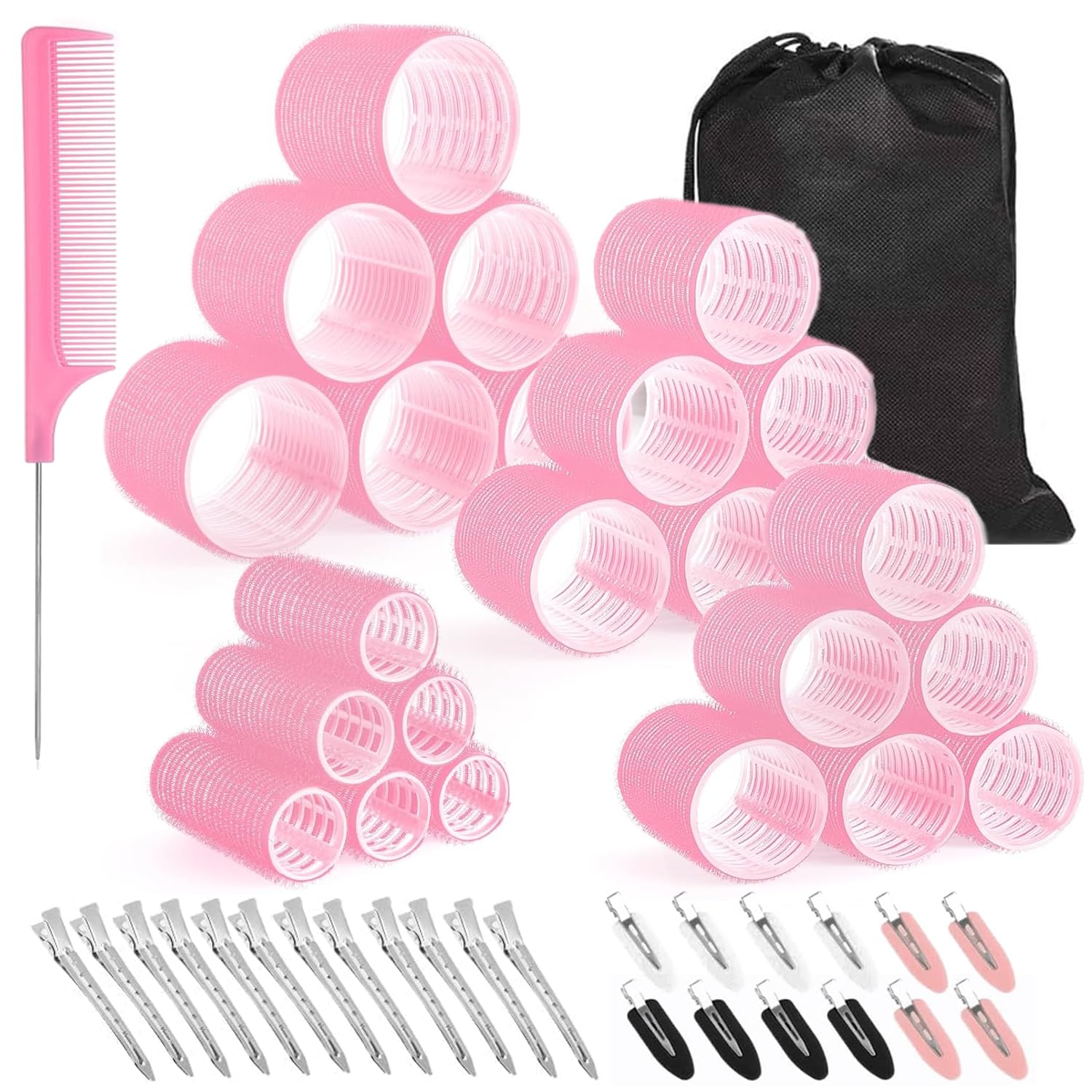 Mabufun Hair Rollers With Clips Large Jumbo Hair Rollers For Long Hair Self Grip Velcro Curlers 35 Pcs No Heat Rollers For Hair Curls Salon Hairdressing Curling Tool (Yellow, Pale Red, Green, Grey)