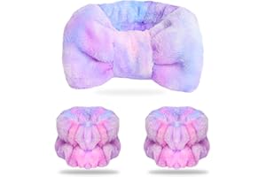 WSYUB Spa Headband and Matching Wrist Bands for Washing Face, Fuzzy Skincare Bow Headbands, Soft Facial Makeup Head Bands, Shower Hair Sleepover Party Supplies