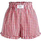 winkbay Women's Cute Gingham Boxer Shorts Summer Y2k Ruffle High Waisted Shirred Lounge Shorts