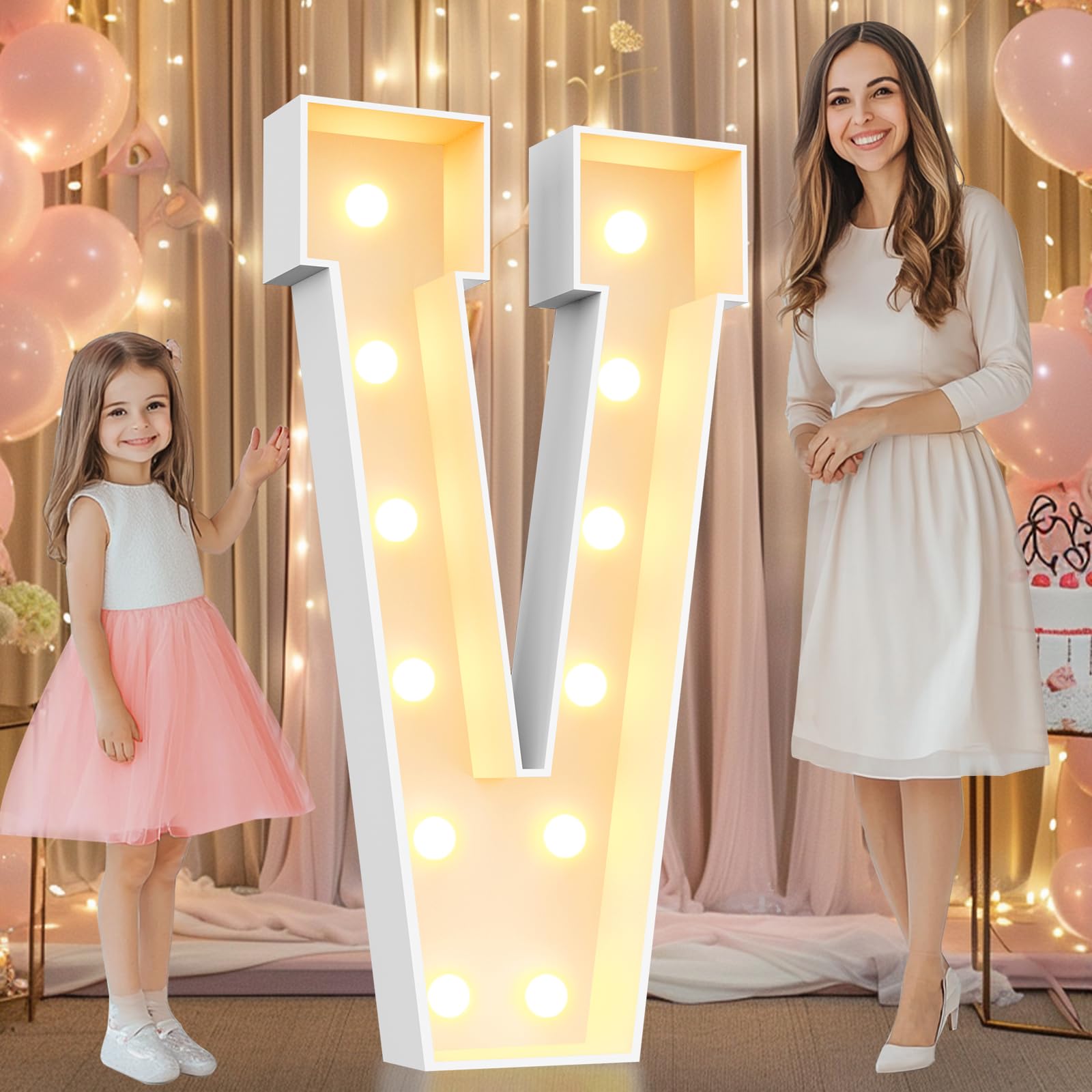 Photo 1 of Pooqla 4 FT Marquee Light Up Letters, Marquee Letter Lights 4 Feet Tall, Giant Letter Sign Big Mosaic Letters for Balloons Birthday Party Anniversary Wedding Decorations, Warm White Letter V