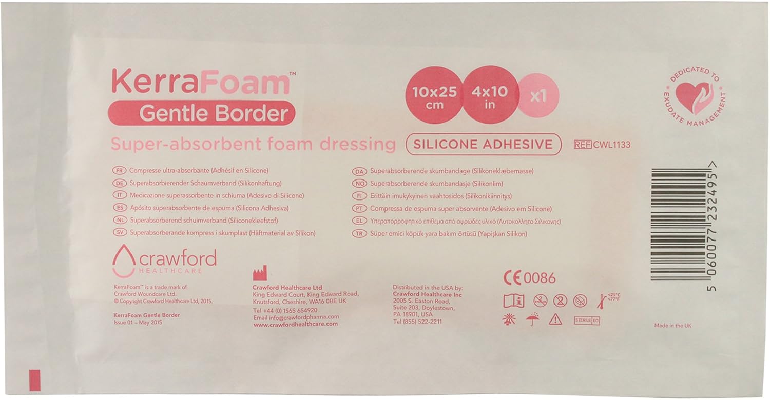 KerraFoam 4" x 10" Gentle Border Foam Dressing for Wound Care (CW1133) - Aids Wound Healing by Absorbing and retaining Drainage While Being Gentle on The Surrounding Skin.