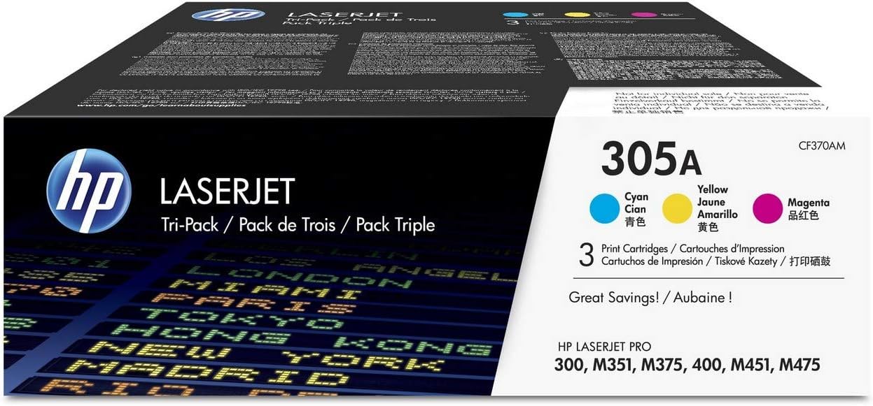 HP CF370AM 305A Original LaserJet Toner Cartridges, Cyan/Magenta/Yellow, Multipack, Cyan, Magenta and Yellow, Multi Pack (Standard)