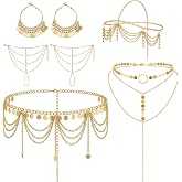 Quelay 5 Pcs Belly Dance Jewelry Set for Women Gold Head Chain | Halloween Vintage Gypsy Body Jewelry Tassel Coin Sequin Layered Waist Arabian Necklace Earring Prom Party Costume Accessories
