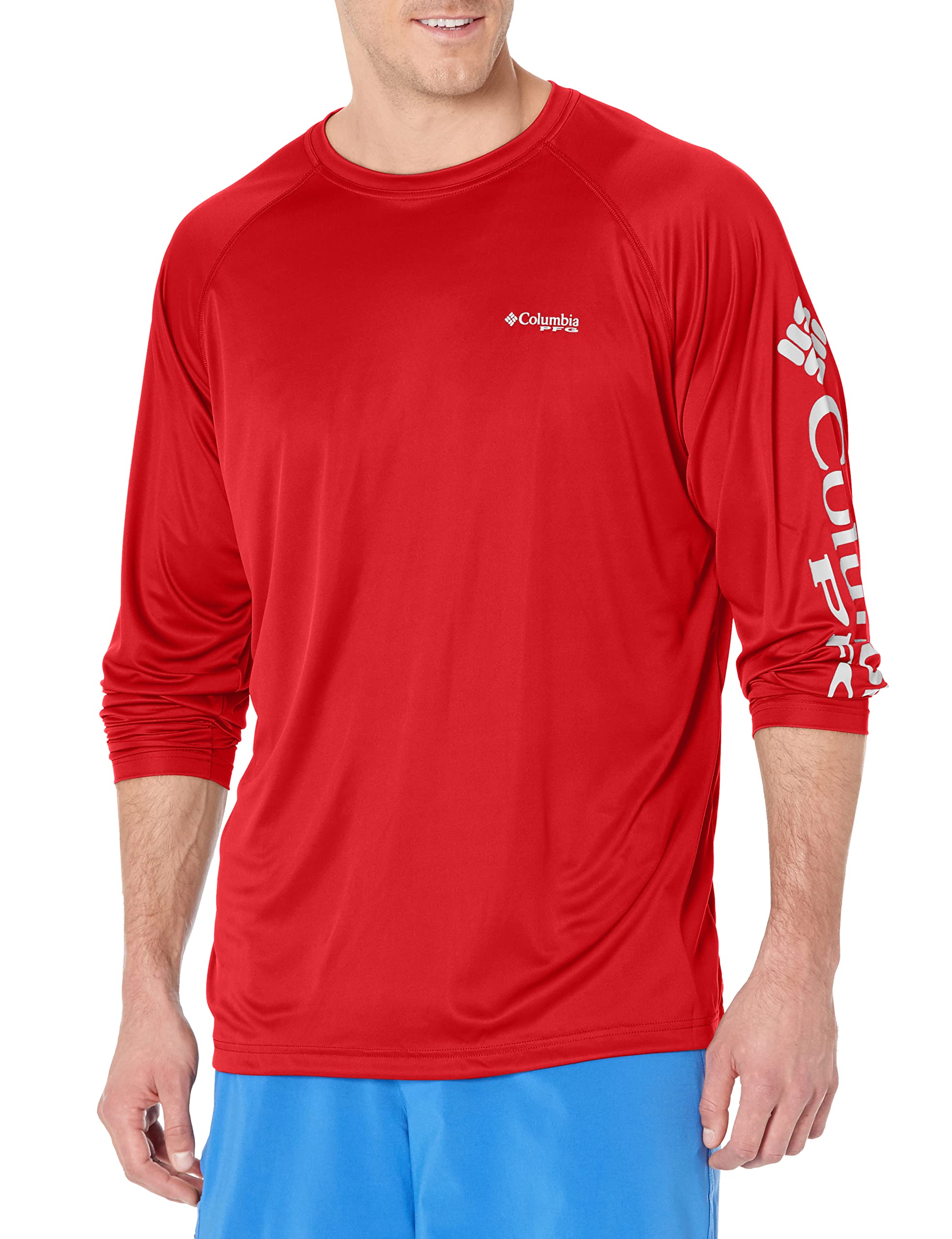 Columbia Men's PFG Terminal Tackle Long Sleeve Fishing Shirt, Red Spark/White Logo, 6X Image