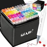 SFAIH Dual Tip Alcohol Markers, 81 Colors, Chisel &amp; Fine Art Coloring Set | Storage Case, Gift for Beginner, Non-Toxic, Adult Coloring Books Illustration Drawing, Colorless Blender &amp; No-Bleed Sheet