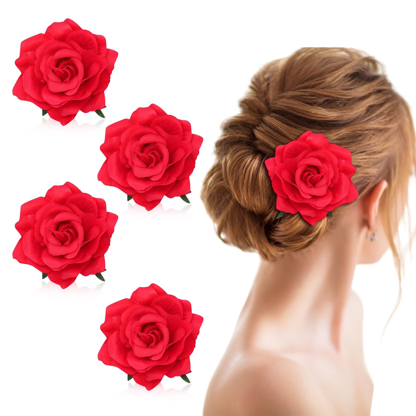 FUIPVGI 4 Pcs Rose Hair Clips Large Red Rose Fascinator Flower Hair Clips, Flower Hair Clip Fascinator Hairband and Pin for Bridal Bridesmaid Girls Women Wedding Prom Party Accessories (Red)