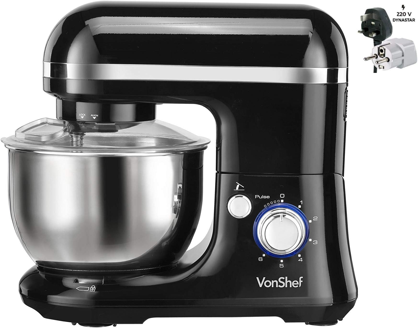 VonShef 220 Volt Food Stand Mixer | 650W | with Dough Hook, Beater, Whisk & Splash Guard - Black - Bundle With Dynastar Plug Adapters (NOT FOR USA)