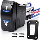 weideer 20A 12V Polarity Reversing Momentary Rocker Switch DC Motor Control 7Pin Up Down Blue LED Winch in/Out Switch with Aluminum Plate Screw Pigtail Wire K-053
