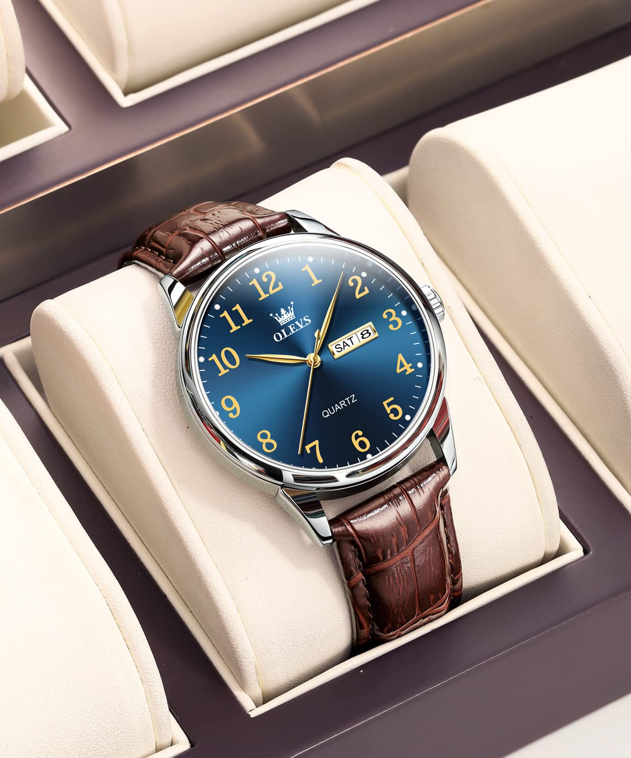 OLEVS Mens Watches with Leather Band Dress Vintage Classic Easy Reader Arabic Numerals Analog Quartz Waterproof Date and Day Blue/Black/White Large Face Men's Wrist Watches