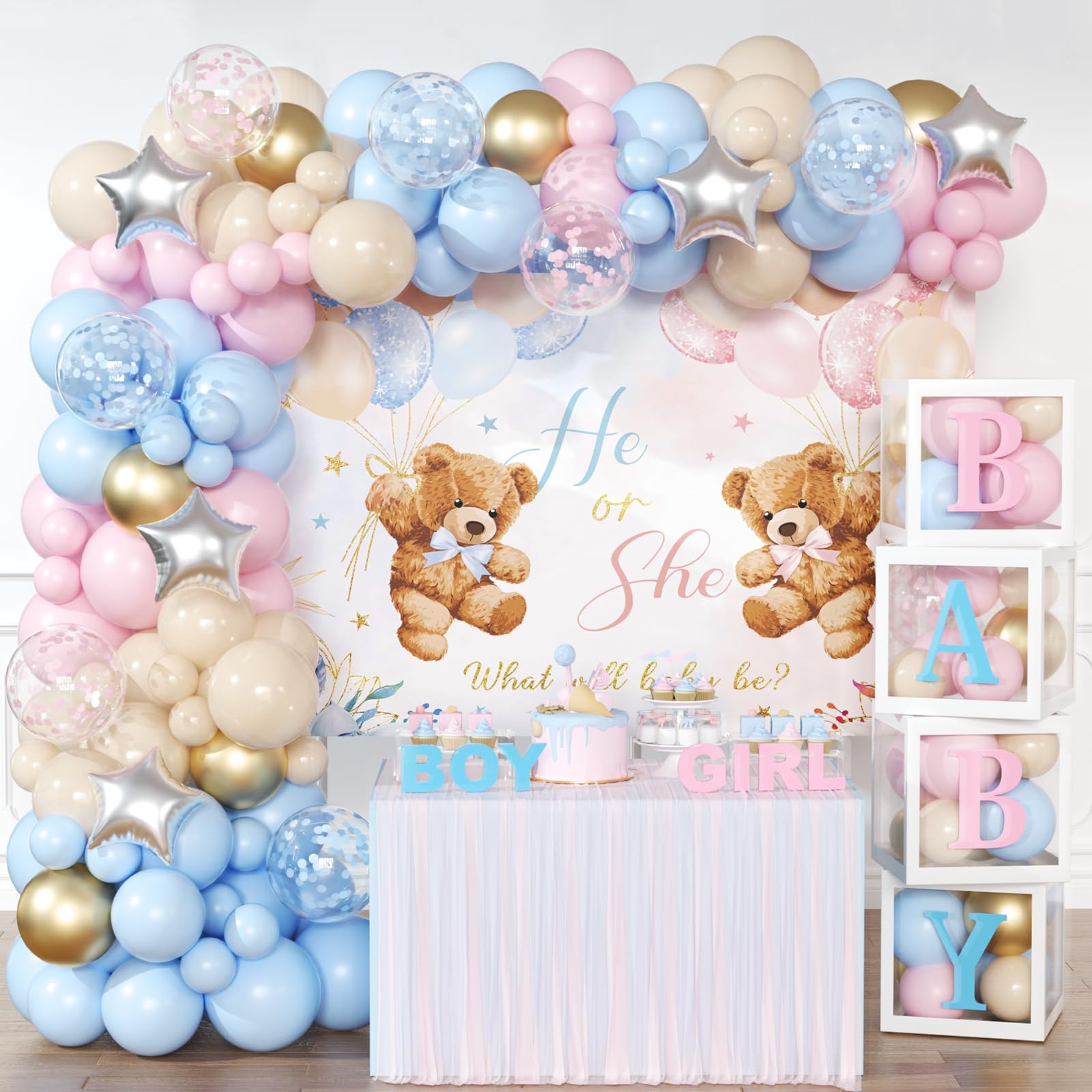 Photo 1 of Bear Gender Reveal Balloon Boxes Decorations - 158pcs Pink Blue Balloon Garland Kit, 4pcs Baby Box With Letters, Backdrop for Baby Shower, Boy or Girl Party Supplies