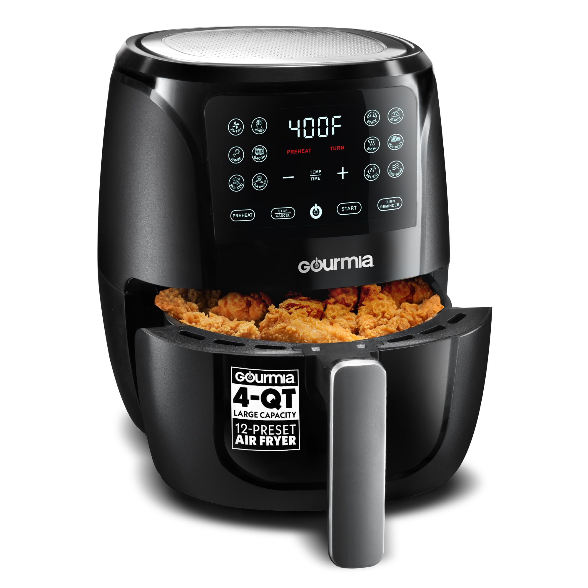 Horno freidora de aire Gourmia, pantalla digital, freidora de aire grande de 4 cuartos, 12 ajustes preestablecidos de cocción de 1 toque, detalles en negro y acero inoxidable Fry Force GAF486