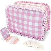 Gingham Ruffle Makeup Bag Set, Pink Makeup Bag With Mirror and Comb, Large Travel Cute makeup Bag for Women Girls,10.8 x 4.5 x 8 inch Toiletry Bag Make up Organizer