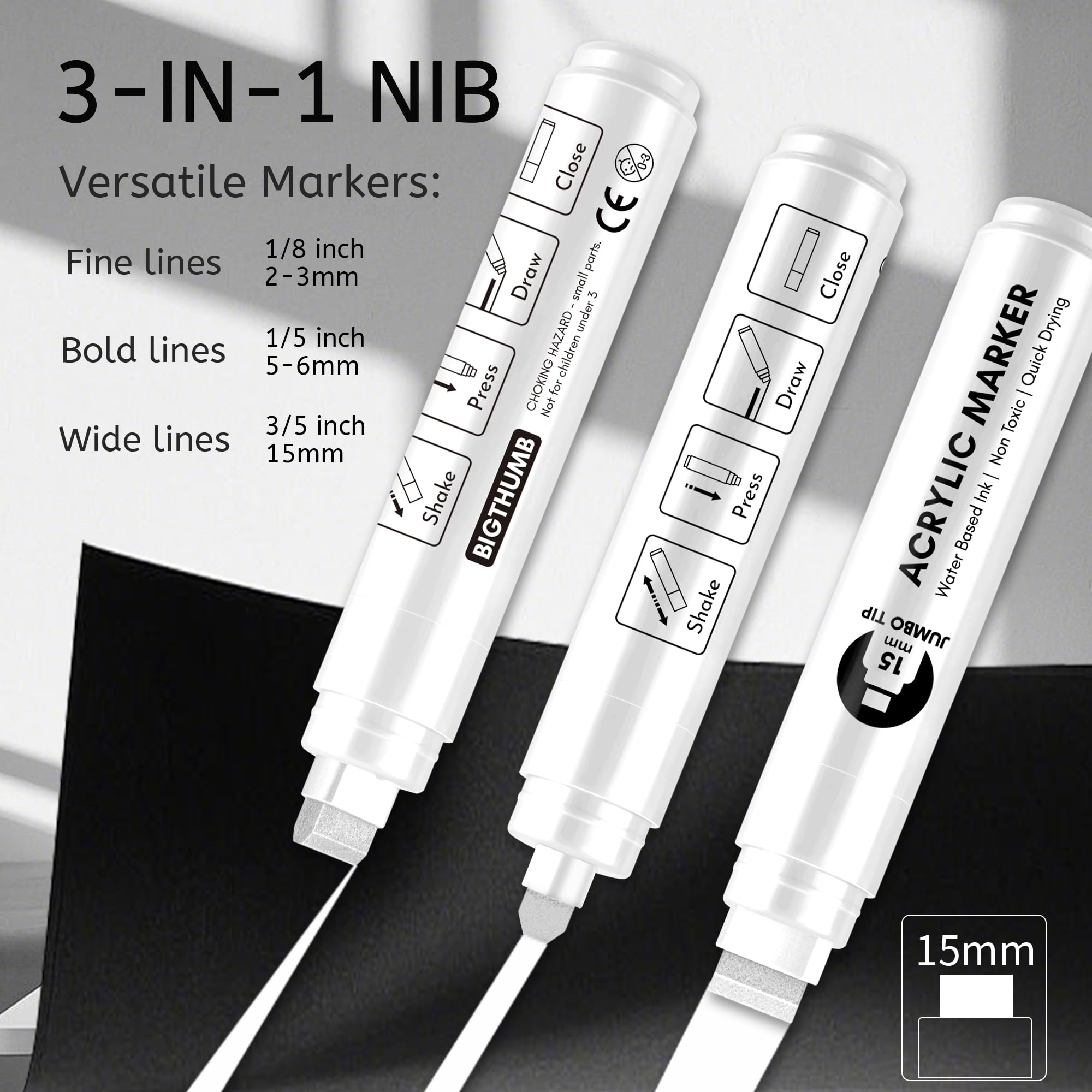 BIGTHUMB Jumbo Poster Markers Set: 12 Colors Large 15mm Wide Tip Permanent Ink Thick Acrylic Paint Pens for Rock Painting, Stone, Glass, Wood, Ceramic, Metal, Plastic, Fabric