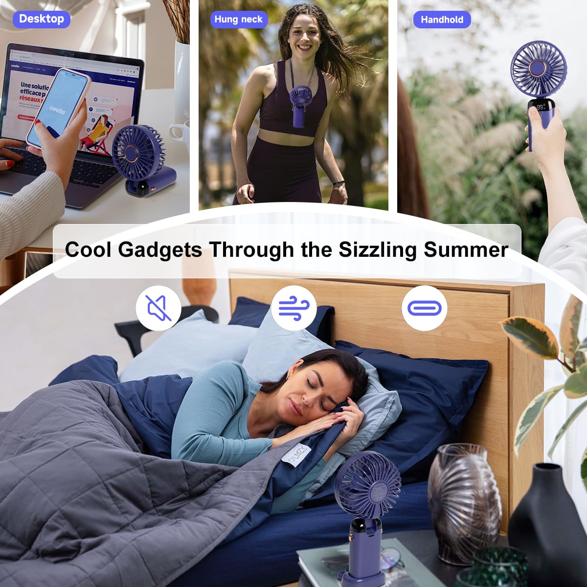 Portable Handheld Fan, 12 hours, Upgrade 3200mAh Portable Fan with LED Display, 90° Foldable, 5 Speed Wind,Hand Held/Neck/Desk 3 in 1 Personal Small Fans, Makeup Fans for Women (Purple)