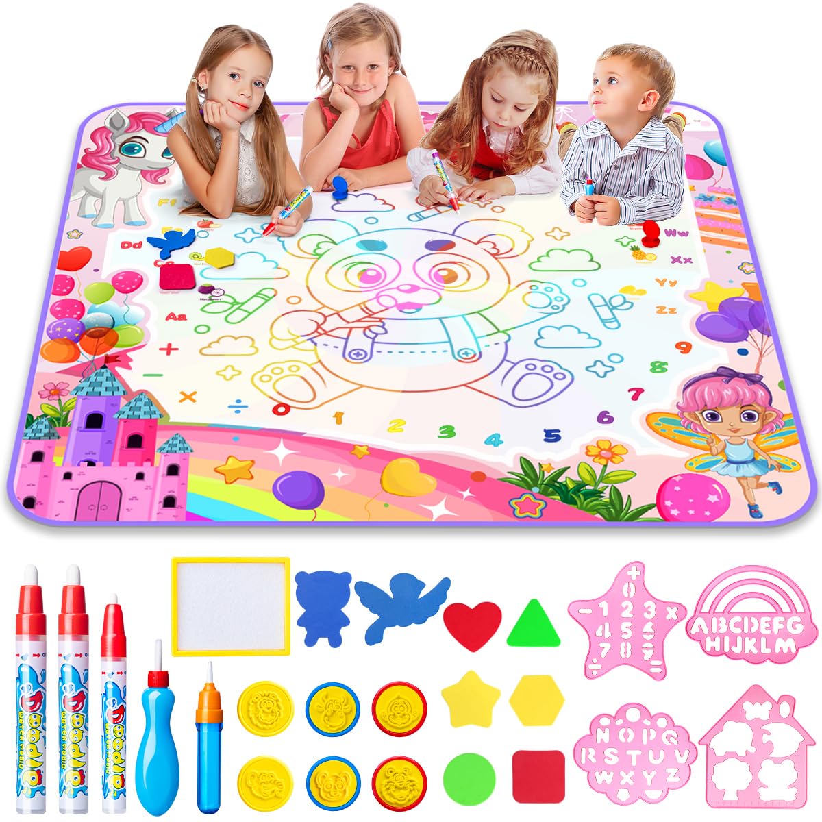 LOYO Water Doodle Mat, 105X100cm Mess Free Water Drawing Mat with 5 Water Pens, 6 Animal Stamps, Unicorn Educational Toys Gifts for 3 4 5 6 7 8 Year Old Girls