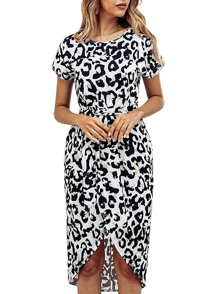 Kirundo Womens Summer Casual Dress Round Neck Short Sleeves Striped Geometric Split Maxi Beach Dress With Belt