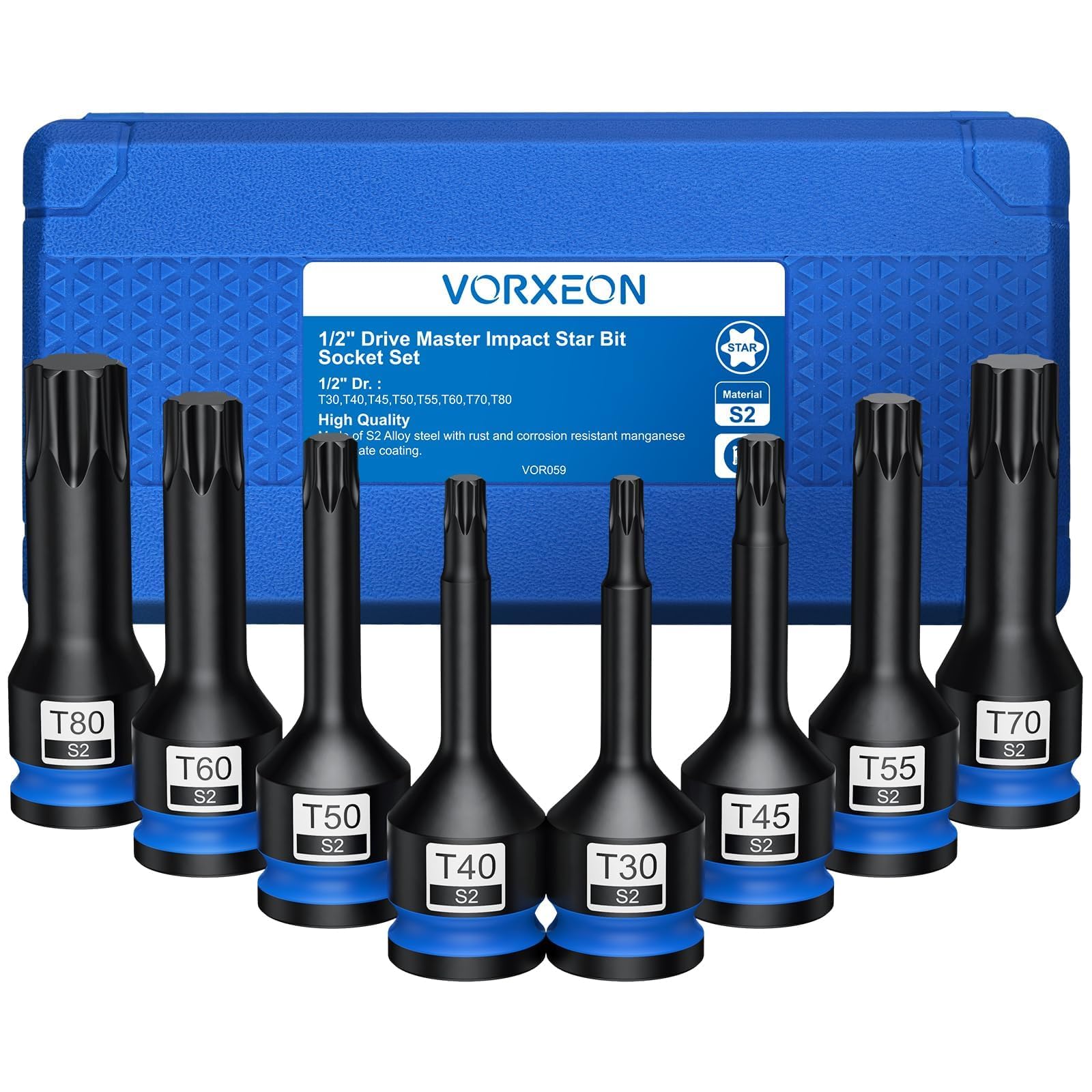 VORXEON 8-teiliges 1/2 Torx-Steckschlüssel-Set en S2 Stahl s*per Hard T30 T40 T45 T50 T55 T60 T70 T80 1/2 Drive Impact Star Bit Steckschlüssel-Set mit Aufbewahrungskoffer für elektrische