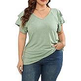 KLPOHV Women's Plus Size Tops Ruffle Short Sleeve V Neck Solid T Shirts Casual LooseTunic Blouses 1X-5X