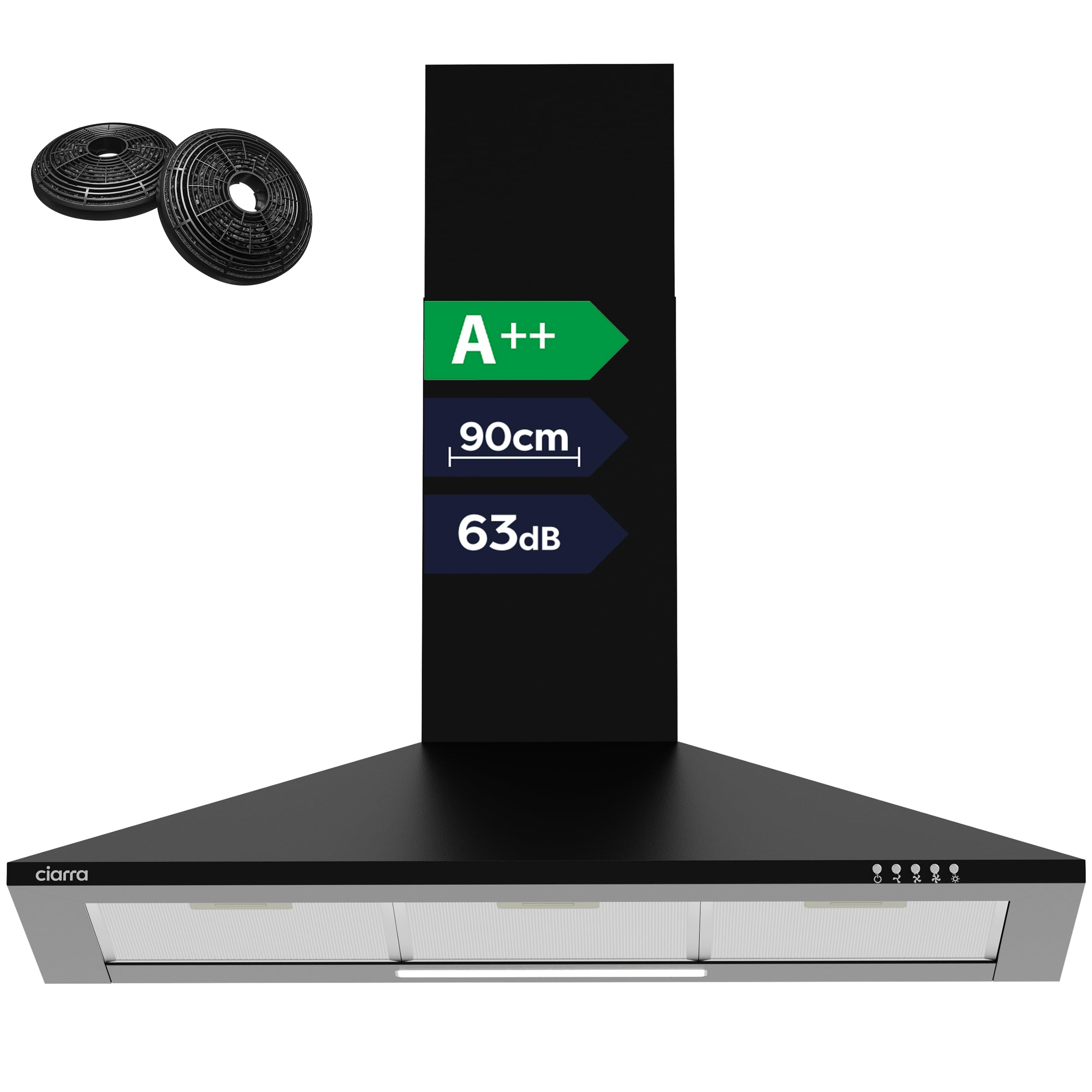 CIARRA Cooker Hoods 90cm CBCB9201 Black Wall-Mounted Chimney Vent Hood 900mm Recirculating&Ducting Kitchen Ventilation Extractor Hood with Carbon Filters