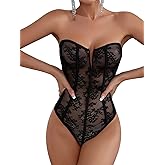 WDIRARA Women's Floral Lace Strapless Mesh Lingerie Bodysuit Hollow Out Teddies Bodysuit