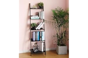 HYNAWIN Ladder Shelf 5 Tier Bookcase, Multipurpose Plant Flower Stand Bookshelf Storage Rack Shelves, Wood Look Accent Bamboo Frame Modern Furniture Home Office (Black)