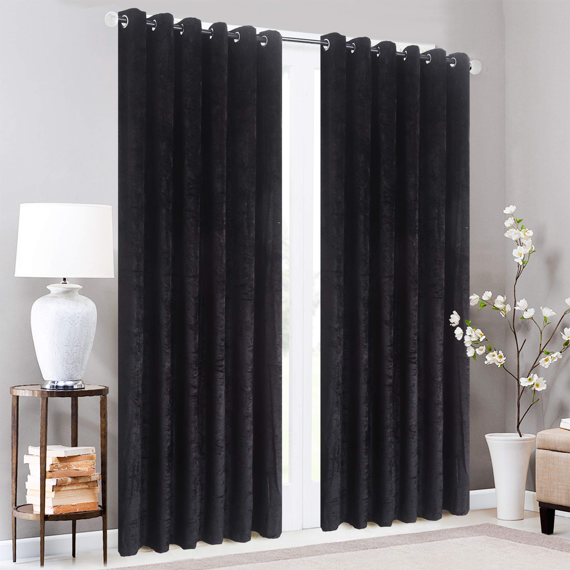 XXR Crushed Velvet Band Curtain | Luxuriously Designed Stylish Curtain For Bedroom | Durable Eyelet Ring Top and Fully Lined Curtains | Perfect Extra Wide Curtains(Black, 66x54'')