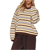 MakeMeChic Women's Striped V Neck Pullover Sweater Long Sleeve Oversized Y2K Knit Tops