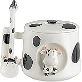 DIHOclub Adorable 3D Ceramic Cow Mug with Lid and Spoon - Perfect for Coffee, Tea, Milk, and More - Ideal Gift for Animal Lovers Gift for Mather- 14 Ounces(BLack white)