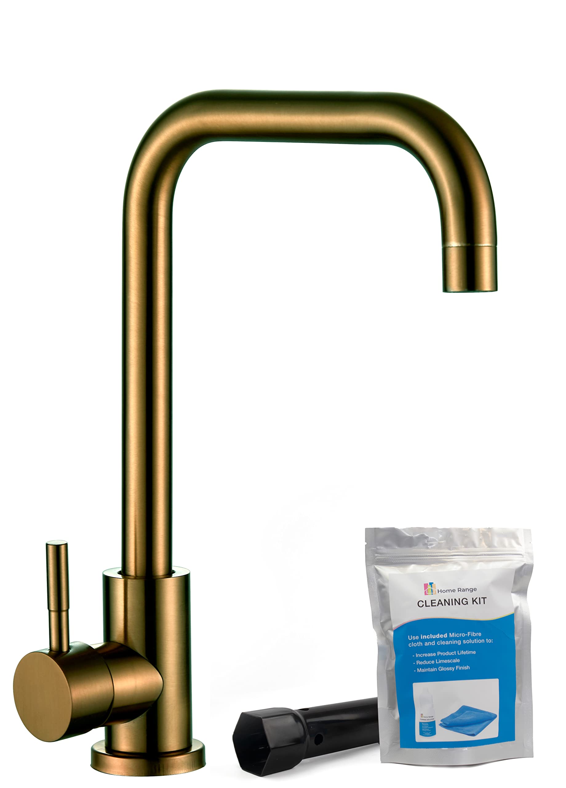Home Range Brushed Gold Kitchen Sink Mixer Tap, 304 Stainless Steel, Single Lever, Angular Swivel Neck, Lead-Free, Easy Install & Cleaning Kit, 5-Year Warranty