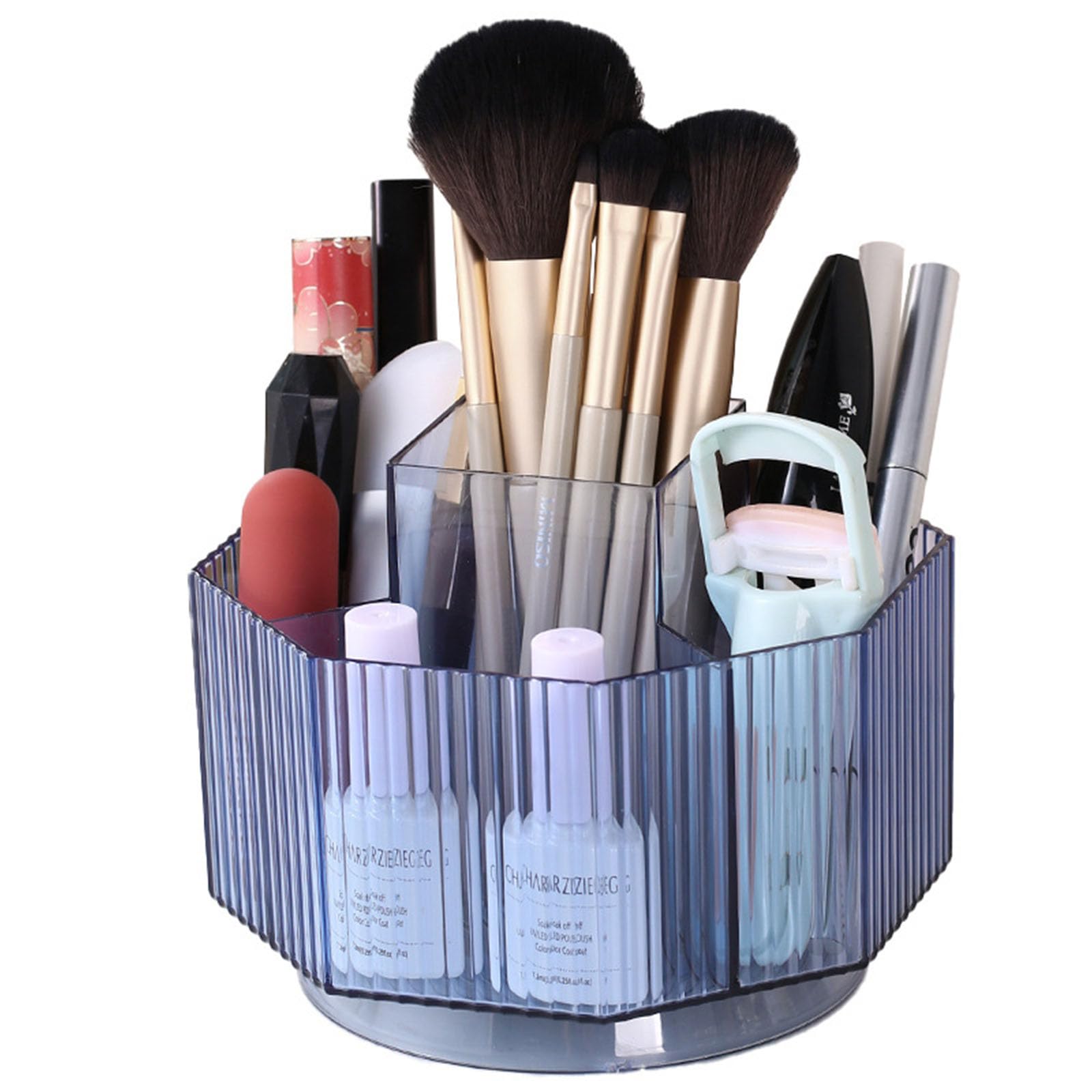 Photo 1 of LINFIDITE 360°Rotating Makeup Organizer Holder Cosmetic Display Case Clear Makeup Brush Lip Gloss Organizer Case with 5 Slots Round Turntable Storage Tray for Vanity, Bathroom, Counter Organizer Blue