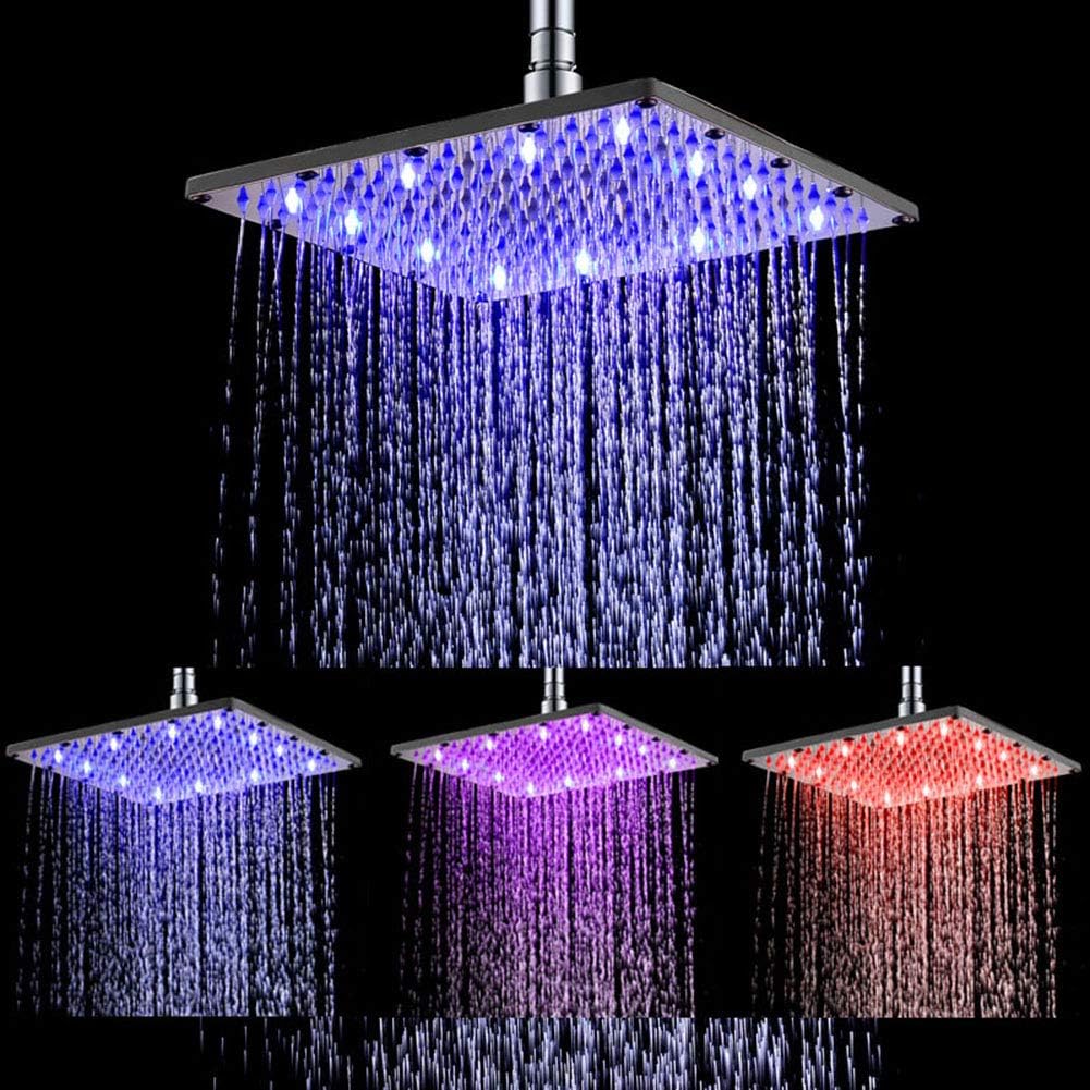 Ehauuo Led Shower Head, 10 Inch Lighted Rainfall Shower Head Large Square Stainless Steel Shower Head Adjustable Fixed High Pressure Bathroom Rain Shower Head Color Changing with Water Temperature