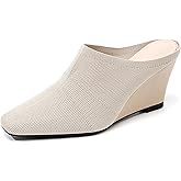 BANGTEUO Womens Knit Closed Square Toe Wedge Heel Mules Comfortable Slip On Mesh Knit High Heeled Clog Sandals For Casual Walking Party Daily Work Office