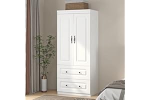 ModMakers 71" H Wardrobe Closet with 2 Doors Wood Armoire Wardrobe Closets Cabinet Wardrobe Cabinet White Storage Cabinet Bedroom Armoires with Hanging Rod 2 Drawers