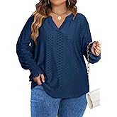 Eytino Plus Size Tops for Women Split V Neck Puff Long Sleeve Casual Loose Blouse Shirts