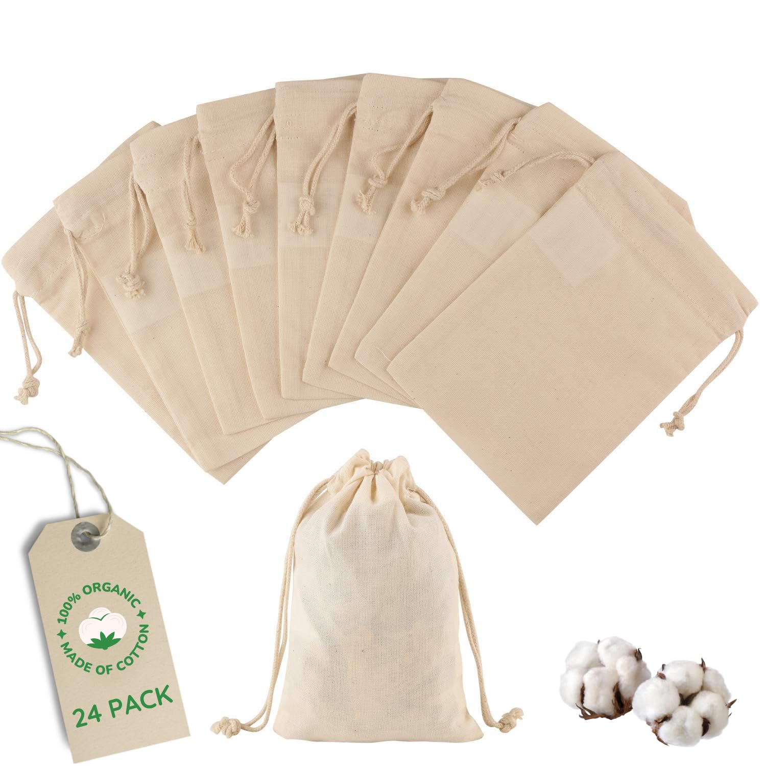 Greenmile 24 Pack Organic Cotton Muslin Bags 4x6" Small Cloth Drawstring Bags
