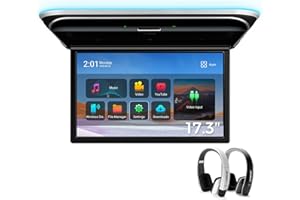 XTRONS Android Car Overhead Player 17.3 Inch Wide IPS Screen 8K Video Car Roof Mount Monitor Built-in Stereo Speakers Flip Down Overhead Car Monitor Support HDMI, USB, 2 IR Headphones Included (B & W)