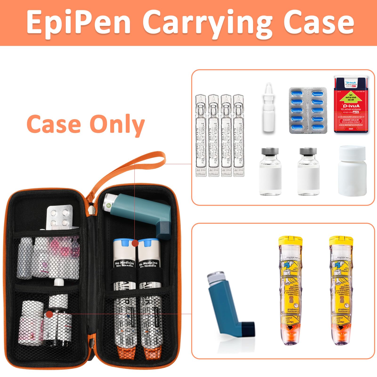EpiPen Carry Case, Hard Emergency Medical Bag with Carabiner-for 2 EpiPens, Asthma Inhaler, Auvi-Q,Eye Drops,Anti-Histamine,Allergy Medication,Diabetes Travel Case for Adults (Large Size)