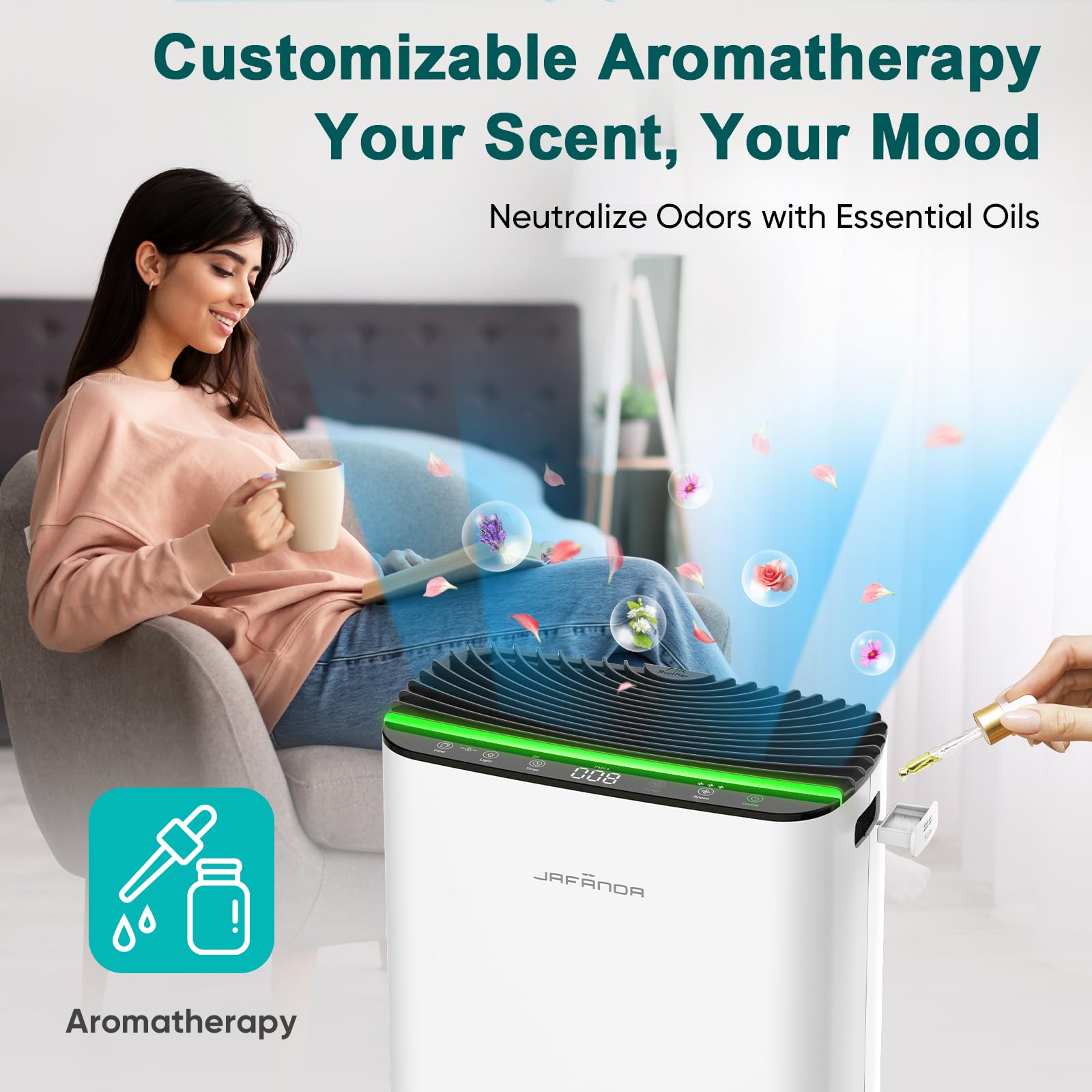 Jafända Air Purifiers for Home Cover Up to 1226ft², Allergen HEPA Air Filter with PM2.5 Sensor, Auto Mode& Timer, Aromatherapy, 22 dB Quiet Air Cleaner for Pet Dander/Hair, Allergies, Dust&VOCs